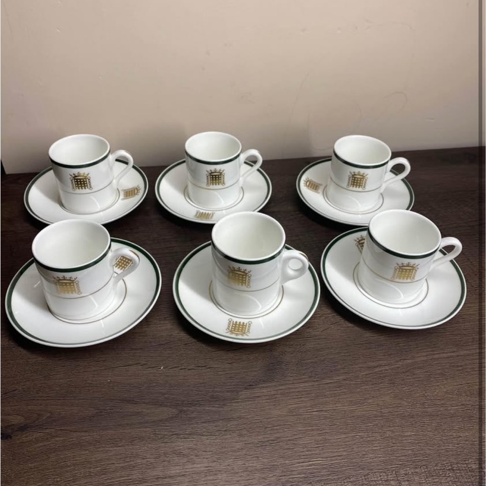 WEDGWOOD ''HOUSE OF COMMONS''  Pattern Coffee Espresso Cup & Saucer BOXED SET